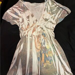 Printed White Mini Dress with Floral Art Detail